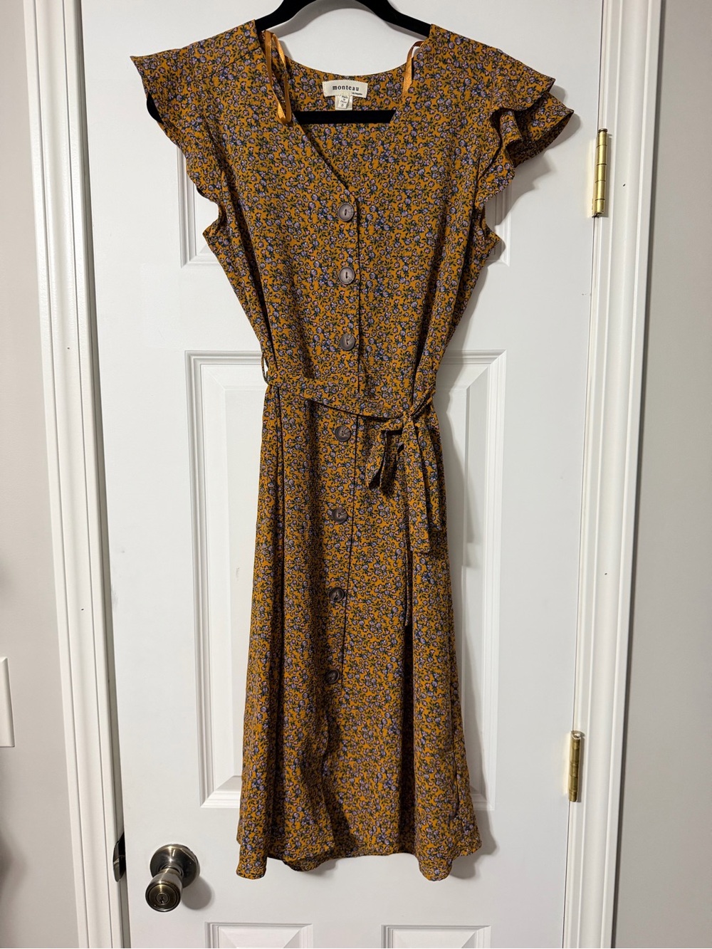 Monteau LA Mustard Floral Button-Front Midi Dress - S